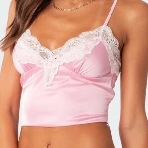 Edikted Brandi Lace Trim Satin Top Pink